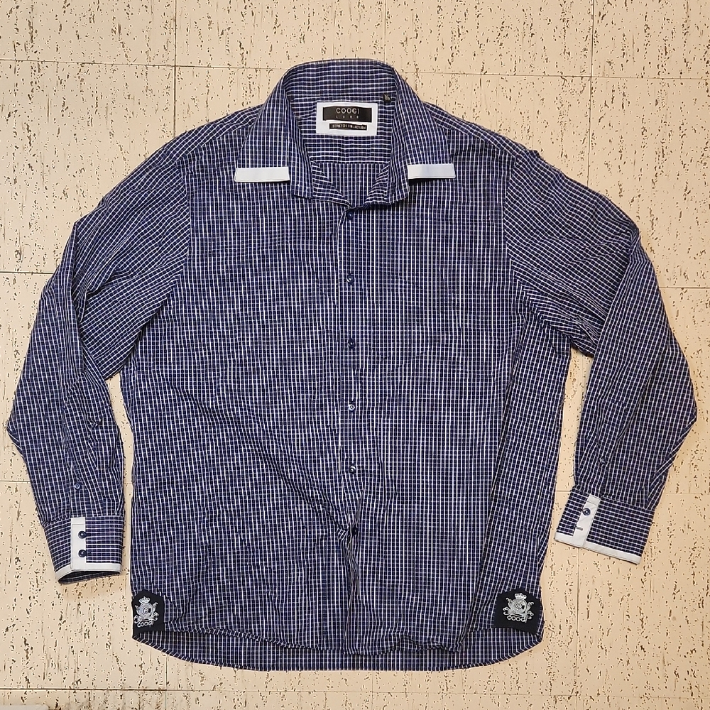 Coogi Luxe Blue & White Plaid Button Down Long Sleeve Dress Shirt Y2K